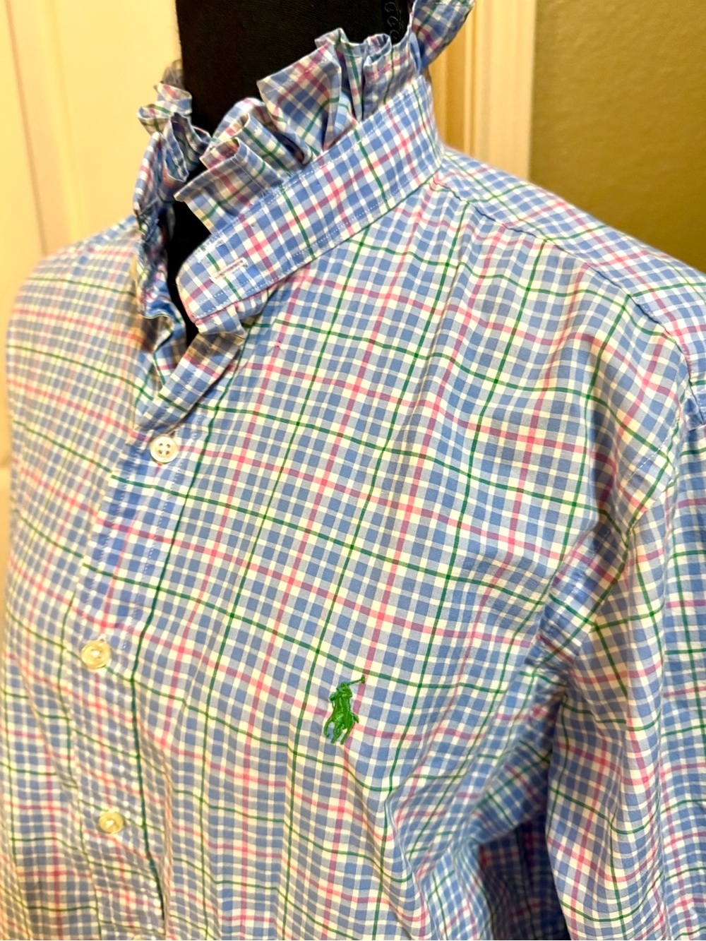 Upcycled Mens Ralph Lauren Pink, Blue & Green Plaid Button-Down Shirt - Picture 1 of 8